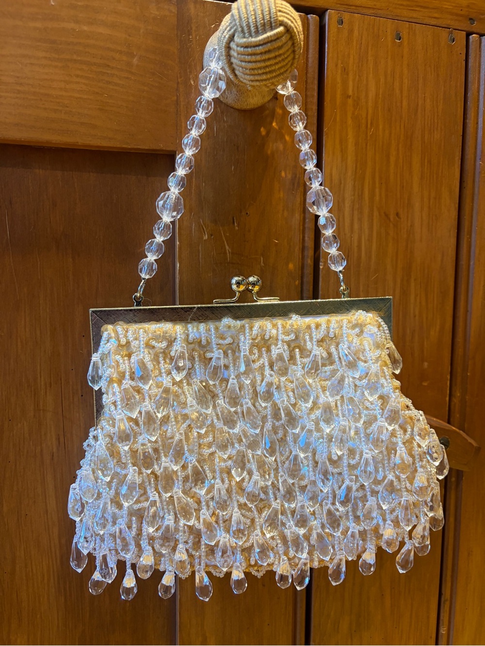 Vintage Alfa Delon Cascading Crystal Teardrop Beaded Evening Bag Cream